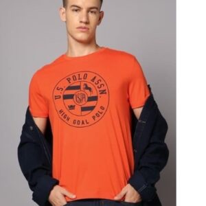 U S POLO ASSN Men Striped Polo Neck Pure Cotton Orange T Shirt S