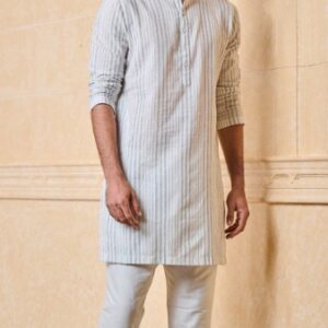 Tasva White Black Striped Cotton Jacquard Kurta Set M