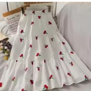 Private Label white strawberry printed skirt for womens white skirt for girls ankle length skirt size 32