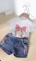 Private Label stylish baby girl bow print top with denim short set size 20