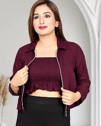 Private Label Trendy Womens Crop Top with Stylish Summer Zipper Jacket Wine 18 Size