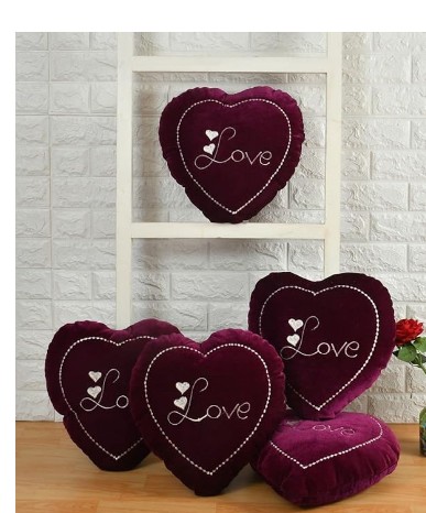 Private Label Rensum Heart Shape Love Pillow Cushion Set of 5 Velvet Fluffy Fur Pillows for Valentines Anniversery Day Gifting for Boyfriend Girlfriend Decorative Cushions for Home Decor Wine