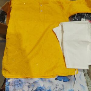 Private Label R Kay Fashion Kids Indian Ethnic Wear Full Sequin Chikankari Embroidery Mirror Work Kurta Pajama Set for Baby and Boys 28 size tellow and white