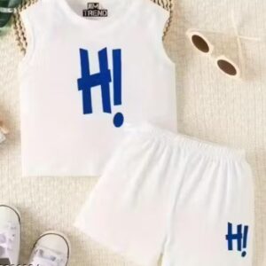 Private Label Baby Boys Cotton Summer Co Ord Set White Sleeveless Hi Print TShirt Shorts Size 2 to 3Y