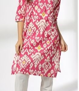 AVAASA Women Ikat Cotton Straight Kurta pink S