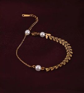 PALMONAS GoldPlated Artificial Beads Gilded Leaves Anklet