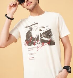 White Printed Casual Half Sleeves Round Neck Men Slim Fit TShirt XL