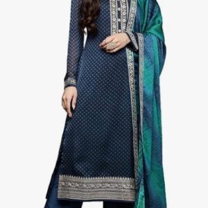 Libas Womens Printed Chiffon Straight Kurta With Trousers and Dupatta size L navi blue colour