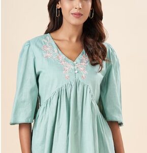 Pantaloons Aqua Embroidery Cotton Slub V Neck Women Regular Fit Tunic L