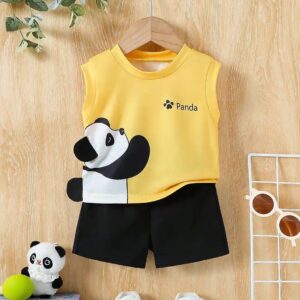 Private Label Boys Printed Sleeveless T Shirt With Shorts Yallow And Black Colour free size