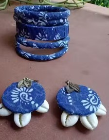 Private Label women Blue ajrakh bangles and earrings set with black polish studs