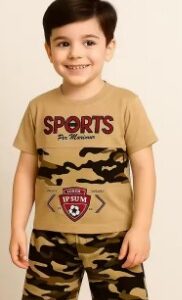 Private Label Fashion Beige Tshirt and Shorts Half Pant Summer Set for Baby Boys Free Size brown