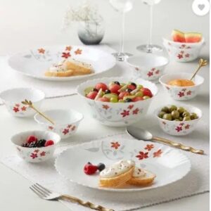 Larah by Borosil Pack of 16 Opalware Rosalie Galaxy Series Crockery for Dining Gifting Dinner Set Orange Red Grey Microwave Safe