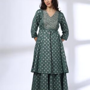 Women Printed ALine Kurta and Palazzos SET green XS
