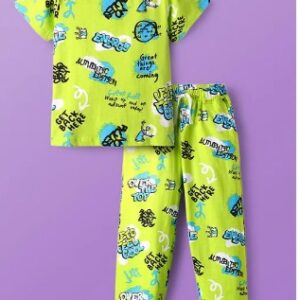 Babyhug Pine Kids Single Jersey Knit Half Sleeves Coords Night Suit with Text Print Neon Green Size 12