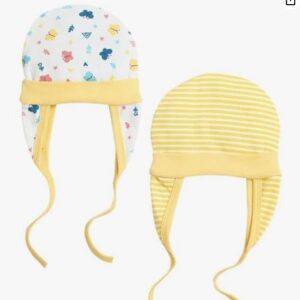 BUMZEE White And Yellow Baby Girls Ear Flap Tying Cap size 3 to 6m Pack of 2