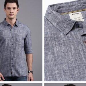 WROGN Custom Fit Textured Denim Weave Cotton Casual Shirt WHITE LINING COLOUR GERY SIZE L