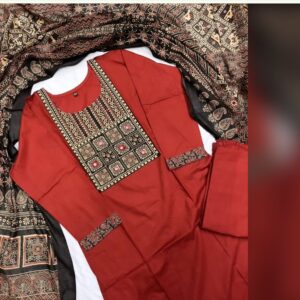 RAMYYAM Formal Wear Cotton Designer Kurti Pant Dupatta Set XL SIZE MAHROON COLOUR WITH BLACK AND GOLDEN PRINT AND DUPATTA