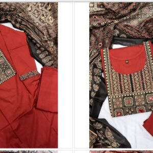 RAMYYAM Formal Wear Cotton Designer Kurti Pant Dupatta Set SIZE XL COLOUR MAHROON GOLDEN AND BLACK PRINTED DUPATTA