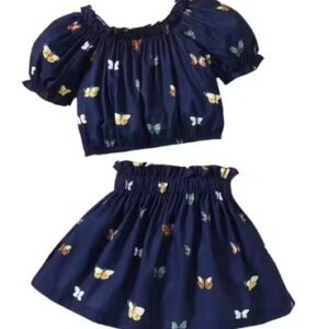 Private Label Baby Blue All Over Print A Line Dress with Round Neck Polyester Knee Length Pari Dress sky blue 1 2 years