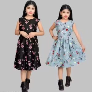 Private Label Printed Stylish Frocks and Dresses For Girls Pack of 2 Black And Sky Color Size 1 to 2 years