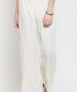Clora Creation Women Off White Floral Embroidered Palazzos PANTS XL SIZE Cream Colour