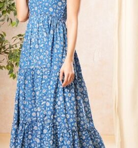 GLOBUS Women Floral Print Halter Neck Cotton A Line Casual Dress KURTA SET size L COLOUR PURPLE