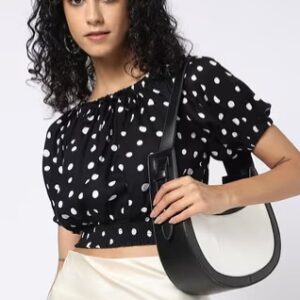 YOUSTA Women Polka Dot Print Relaxed Fit Off Shoulder Top SIZE XL COLOUR BLACK