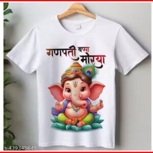 Private Label Ganpati bappa maurya printed Kids ganesh ji unisex tshirt Colour Whith Size 3Years