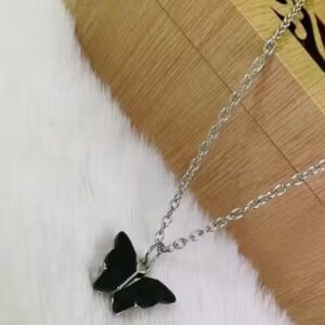 Private Label Fancy Black Butterfly Pendant Chain For Girls And Womens Silver Chain