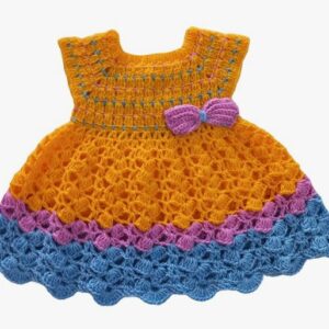Private Label Baby Girl Dress for 0 6 Months Woolen Frock for Baby Girl Handmade with Crochet Yellow Blue COLOUR