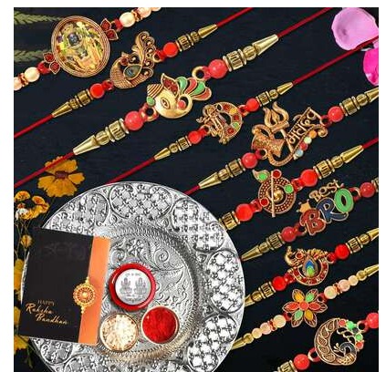 Private Label Oblivion Pooja Thali Gift for Brother Rakhi set for Brother Set of 10 Silver Color Pooja Coin AND Greeting Card