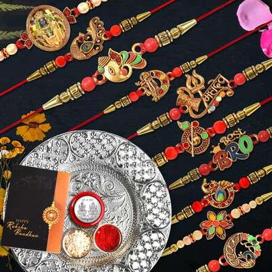 Private Label Oblivion Pooja Thali Gift for Brother Rakhi set for Brother Set of 10 Silver Color Pooja Coin AND Greeting Card Reply BUY NOW