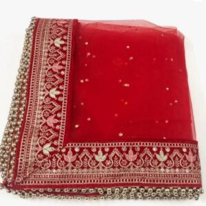 PATTZALaunch red embriodered work Bridal net Dupatta which