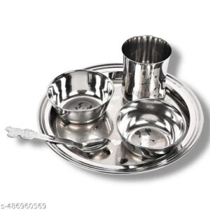 Kids Dinner Set Complete 5 Pcs Stainless Steel Laser Radha Krishan Set