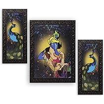 Indianara Set Of 3 Radha Krishna Paintings 2989 Without Glass 6 X 13 10 Point 2 X 13 6 X 13 Inch