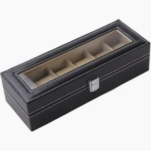 Faux Leather Watch Case 6 Slots Black
