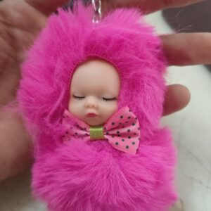 Cute Sleeping N Smiley Baby Doll Keychains Fluffy Fur Pompom Keychain Car Bag