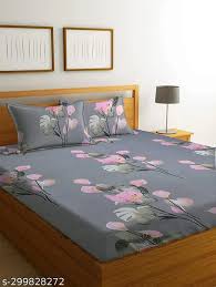 Grey Color Printed Double Bedsheet With 2 Pillow
