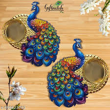 Diwali Rangoli Candle Holders Set Of 2 Peacock Wooden Candle Stand Festive Decor