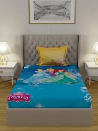 Disney Blue Princess Print Cotton Single Bedsheet With 1 Pillow Cover Multicolour