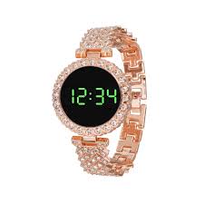 Rose Gold Led Bracelet Watch With Diamonds Digital Stylish Modern Fashionable Watch For Women