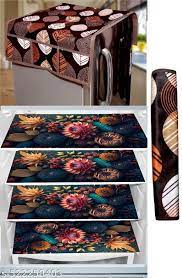 Blue Color Printed Fridge Mat Set Of 4 And Brown Color Top Cover