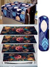 Blue Color Printed Fridge Mat Set Of 4 And Brown Color Top Cover