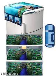 Multicolor Peacock Printed Fridge Mat Set Of 4 And Blue Color Top Cover
