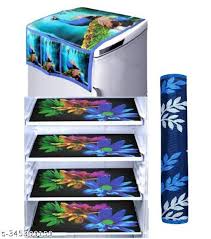 Blue Color Printed Fridge Mat Set Of 4 With Top Cover