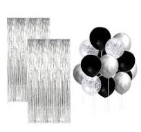 Foil Fringe Curtain And Balloons Grey Colour Home Decoration Items
