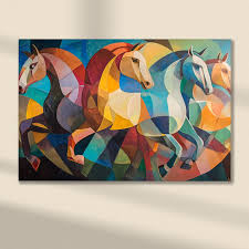 Landscape Abstract Wall Art Four Running Horses Vastu Multicolor
