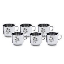 Stainless Steel Flower Printed Tea Cups Pack Of 6