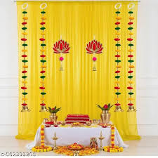 Pooja Decoration Set 8 Pcs Combo 2 Lotus Hanging 4 Pom Pom